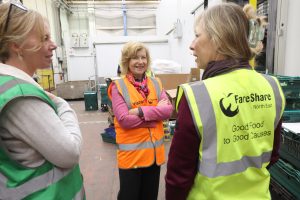 Pictured left to right: Ruth Jackson, Director of Development for FareShare North East; Ms Lucy Winskell OBE, Lord-Lieutenant of Tyne and Wear; Jaquetta, FareShare North East Volunteer